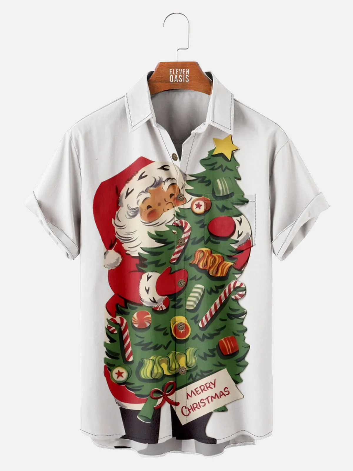 Men's Santa Hugging Christmas Tree Short Sleeve Shirt sold by Eleven Oasis