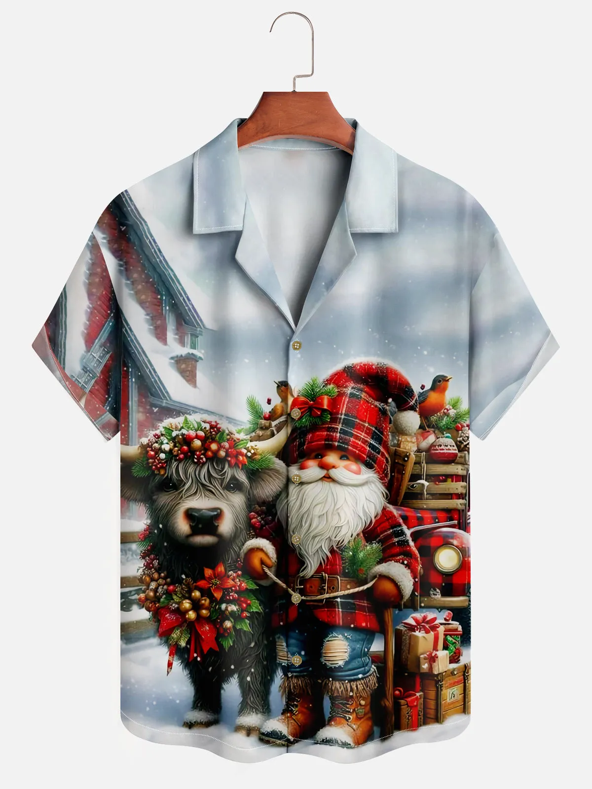 Men's Christmas Gnome and Highland Cow Festive Short Sleeve Shirt sold by Eleven Oasis