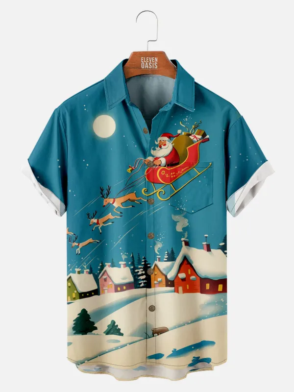 Men's Santa's Sleigh Ride Over Winter Village Short Sleeve Shirt sold by Eleven Oasis