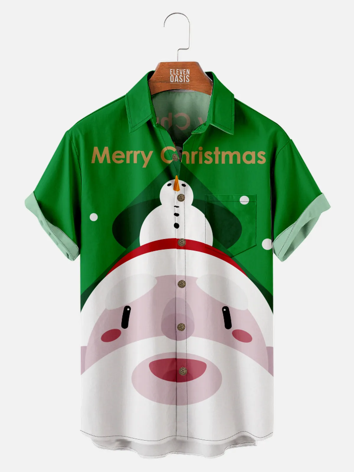 Men's Merry Christmas Happy Santa and Snowman Short Sleeve Shirt sold by Eleven Oasis