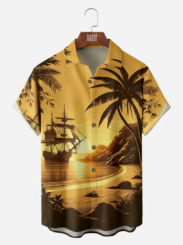 Men's Pirate Ship Tropical Sunset Hawaiian Short Sleeve Shirt sold by Eleven Oasis