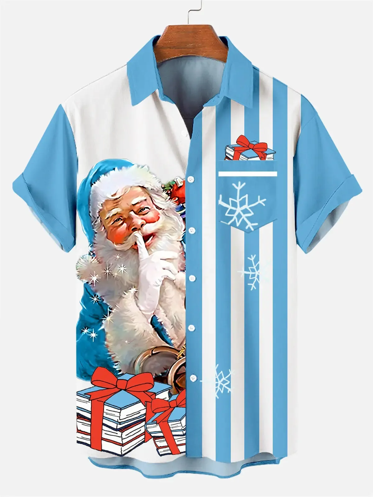 Men's Blue Santa Gift Stack Short Sleeve Shirt sold by Eleven Oasis