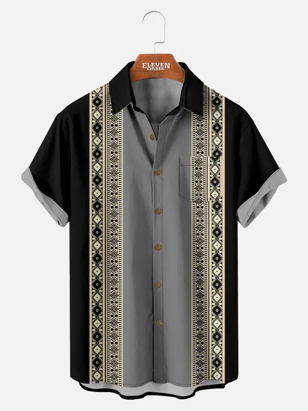 Men's Aztec Border Geometric Short Sleeve Shirt sold by Eleven Oasis