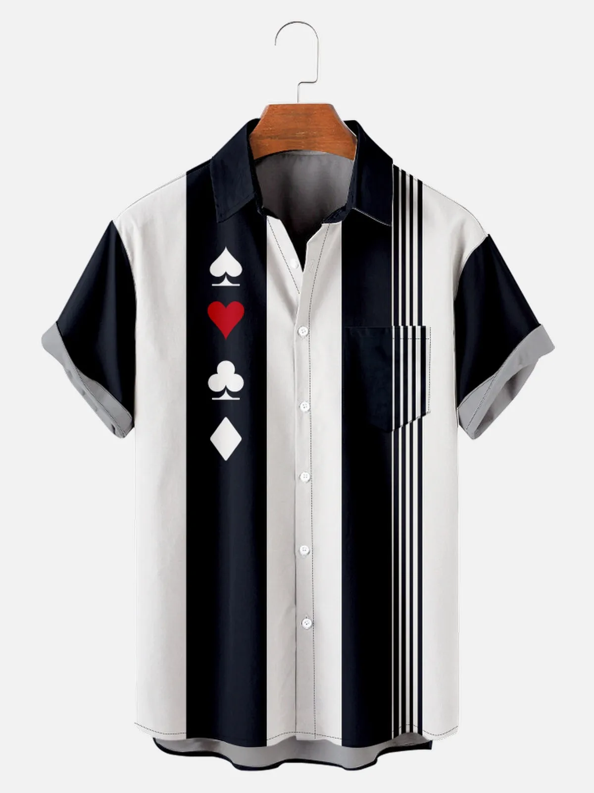 Men's Card Suits Stripe Bowling Short Sleeve Shirt sold by Eleven Oasis