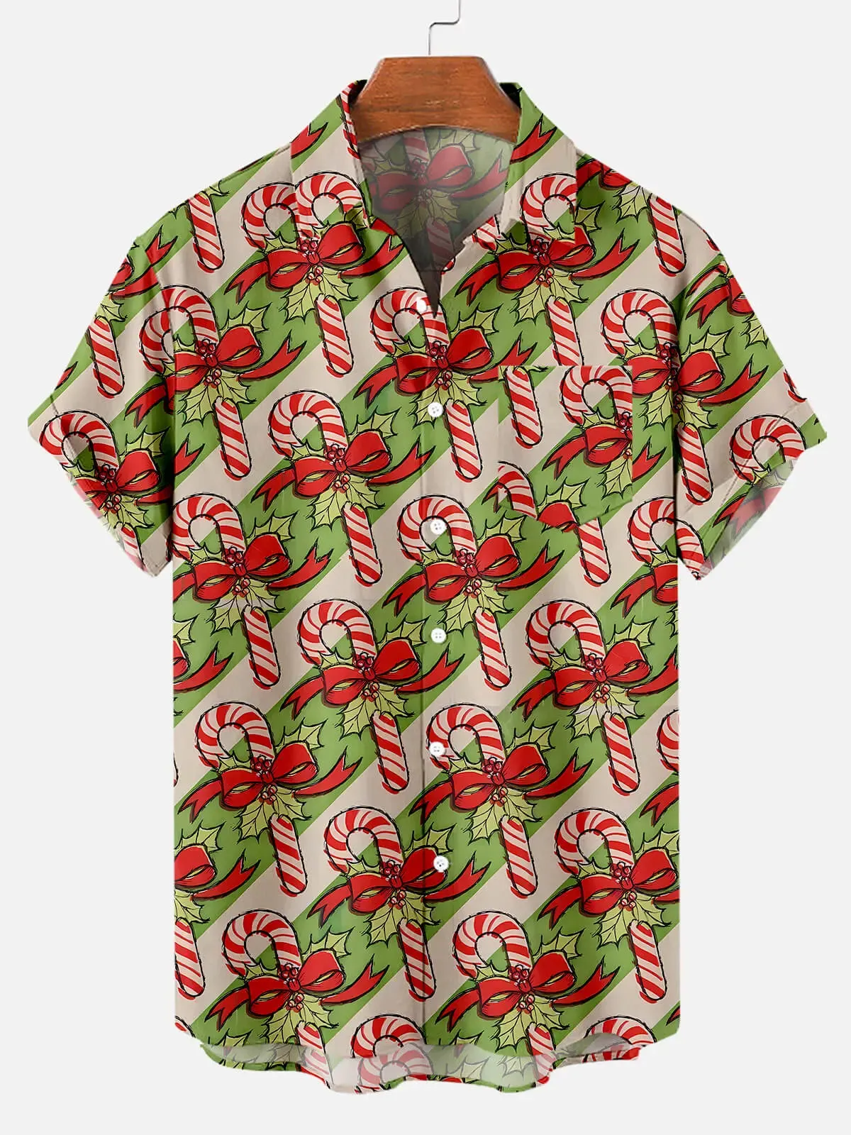 Men's Candy Cane and Holly Christmas Short Sleeve Shirt sold by Eleven Oasis