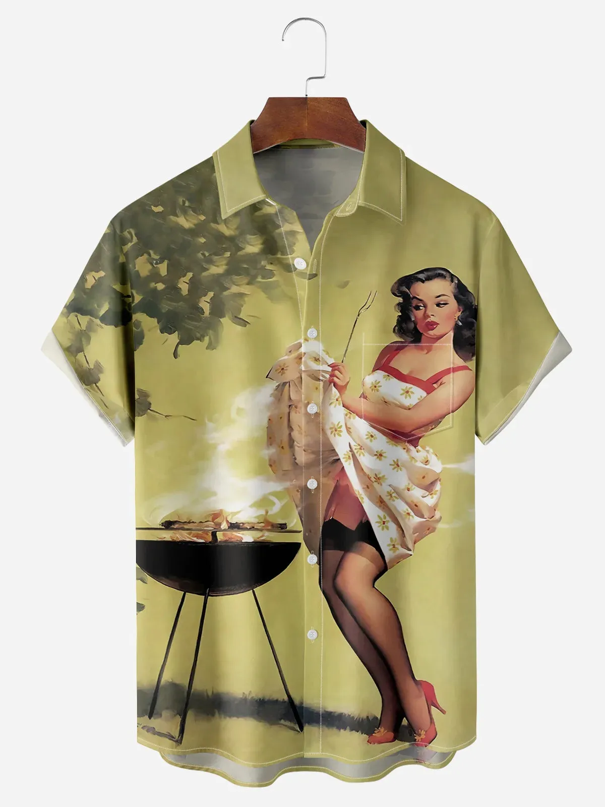 Tall Men's Vintage BBQ Pin-Up Americana Short Sleeve Shirt sold by Eleven Oasis