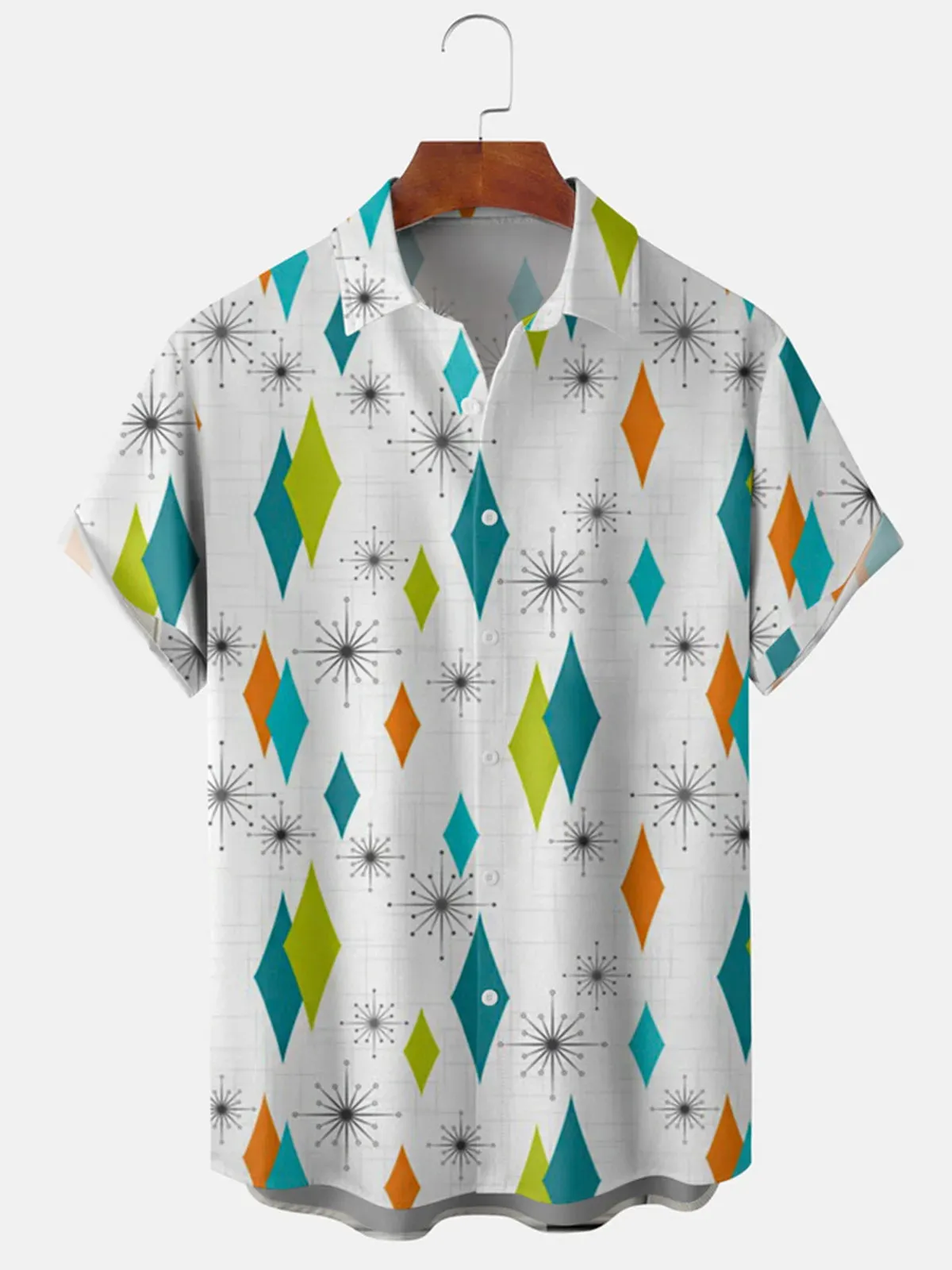 Tall Men's Geometric Atomic Age Diamond Print Short Sleeve Shirt sold by Eleven Oasis