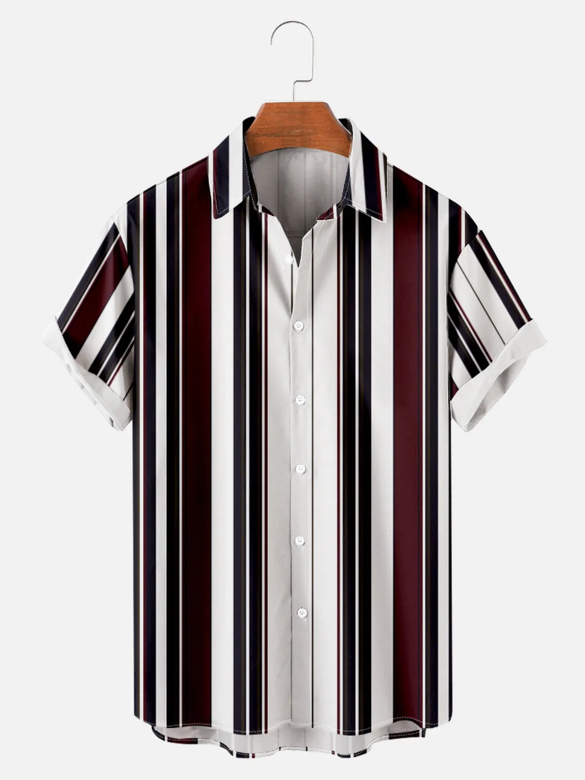 Men's Everyday Dark Red Black and White Striped Short Sleeve Shirt sold by Eleven Oasis