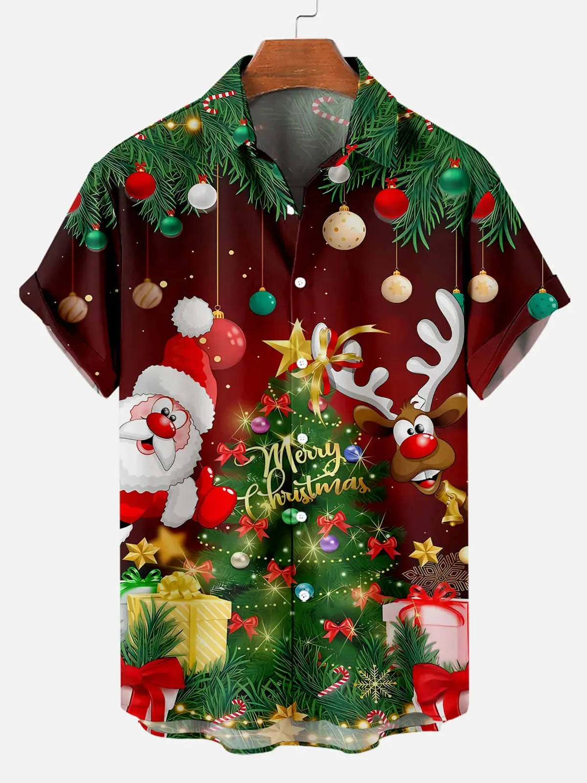 Men's Merry Christmas Tree and Cartoon Reindeer Short Sleeve Shirt sold by Eleven Oasis