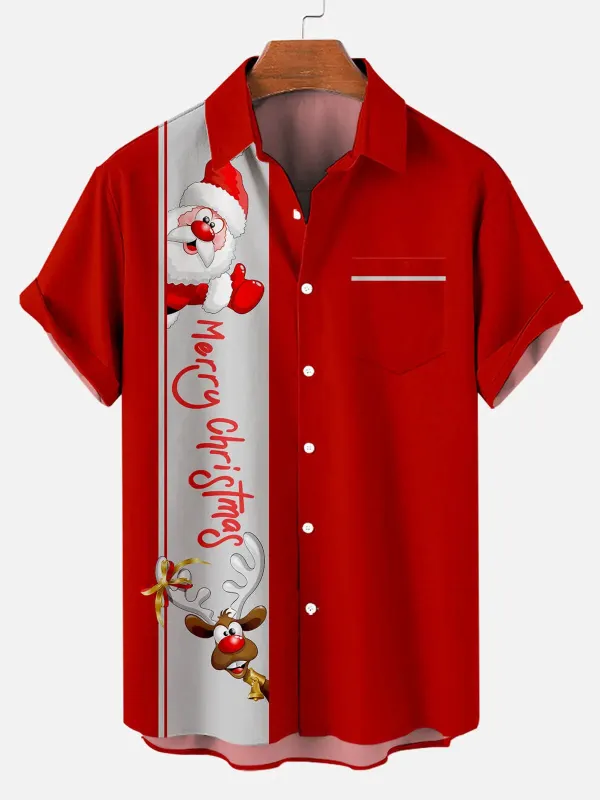 Men's Merry Christmas Santa and Reindeer Short Sleeve Shirt sold by Eleven Oasis