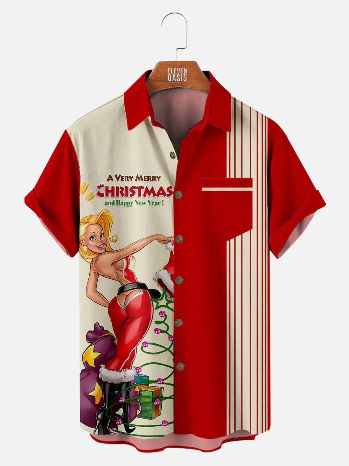 Men's Christmas Pin-Up Stripe Bowling Short Sleeve Shirt sold by Eleven Oasis