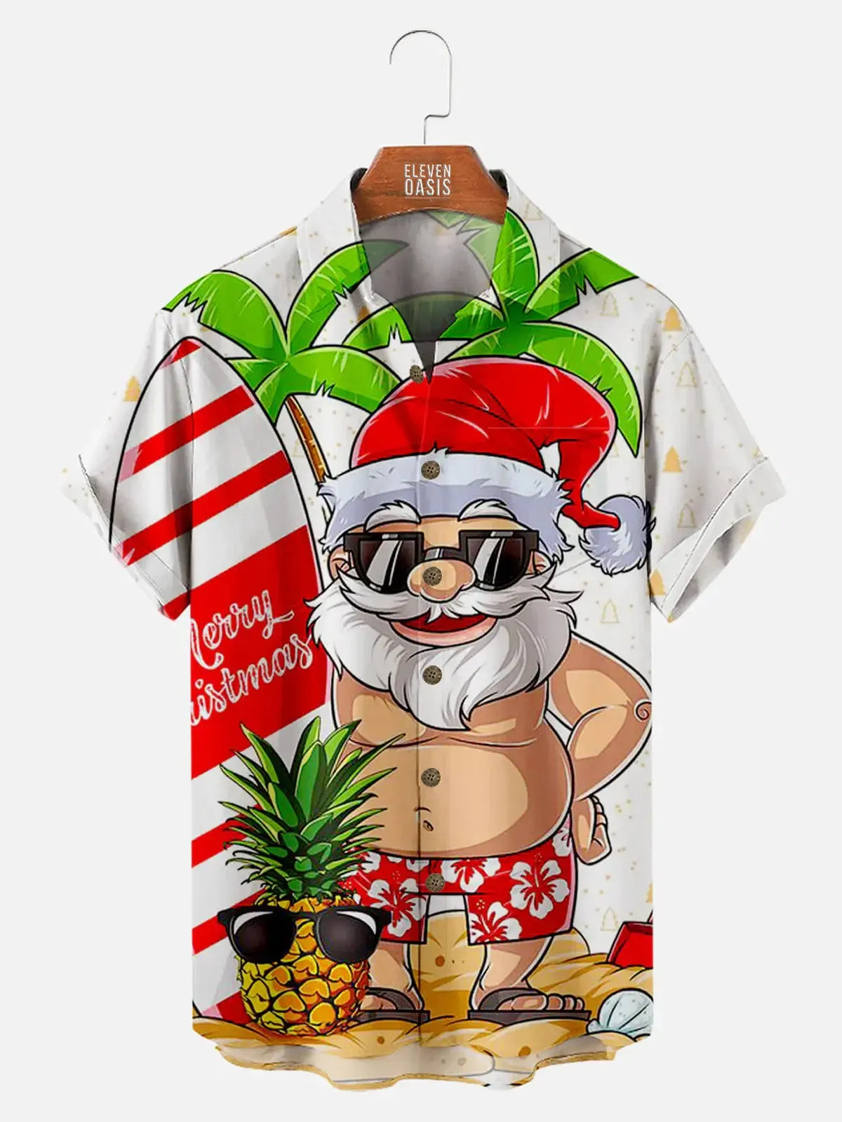 Men's Tropical Christmas Santa Hawaiian Short Sleeve Shirt sold by Eleven Oasis