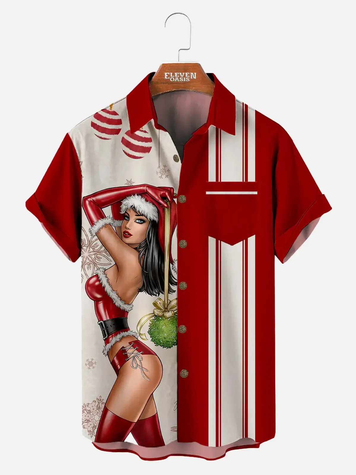 Men's Christmas Pin-Up Girl Bowling Short Sleeve Shirt sold by Eleven Oasis