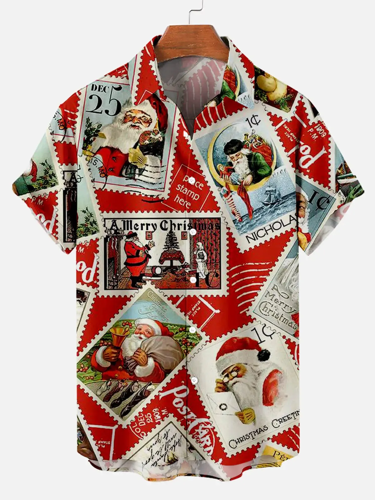 Men's Vintage Santa Stamps Short Sleeve Shirt sold by Eleven Oasis