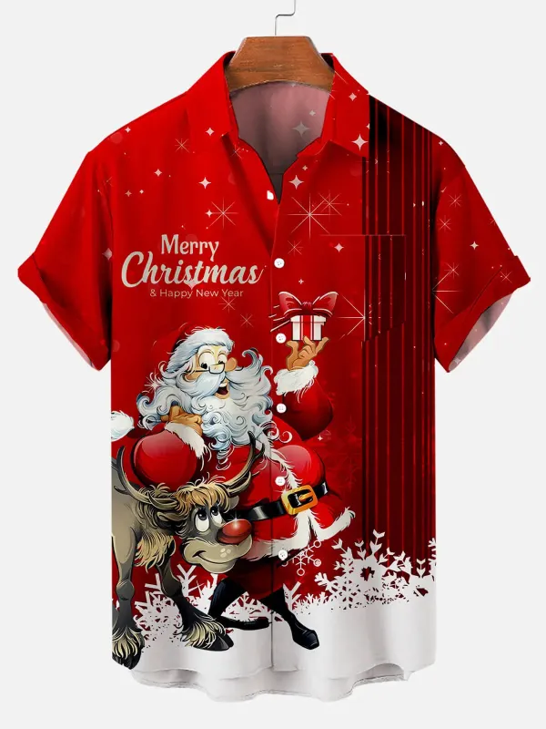 Men's Santa and Reindeer Gift Delivery Short Sleeve Shirt sold by Eleven Oasis