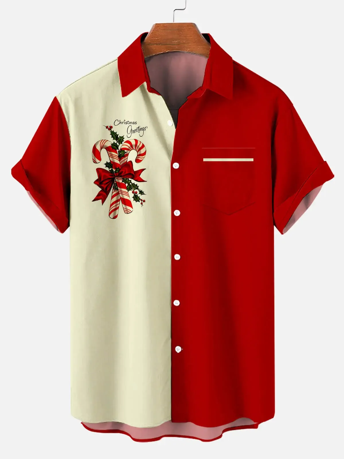 Men's Candy Cane Christmas Greetings Short Sleeve Shirt sold by Eleven Oasis