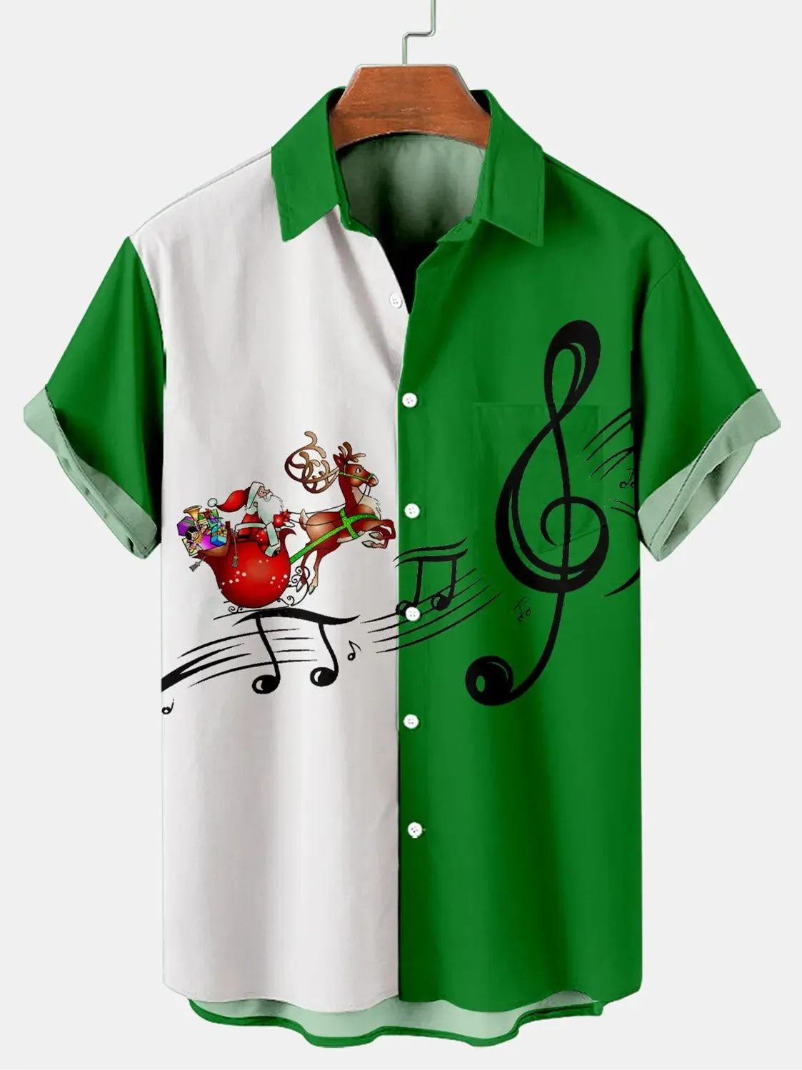 Men's Santa Sleigh Musical Note Holiday Short Sleeve Shirt sold by Eleven Oasis
