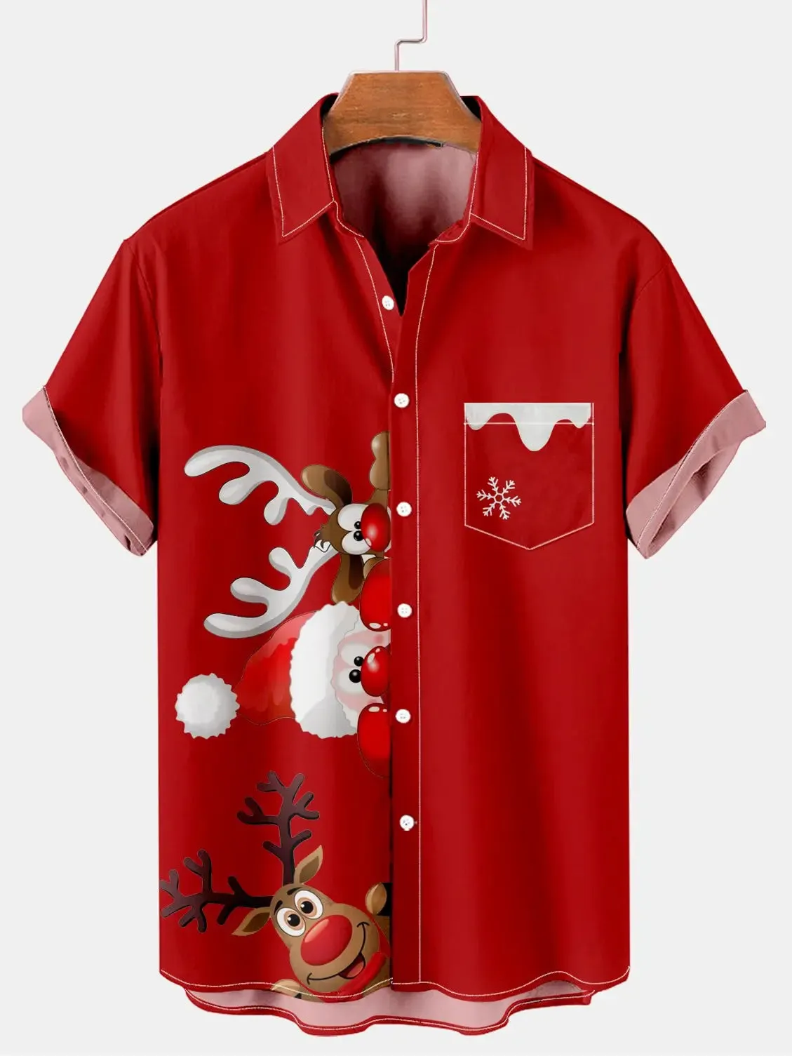 Men's Peekaboo Santa and Reindeer Short Sleeve Shirt sold by Eleven Oasis