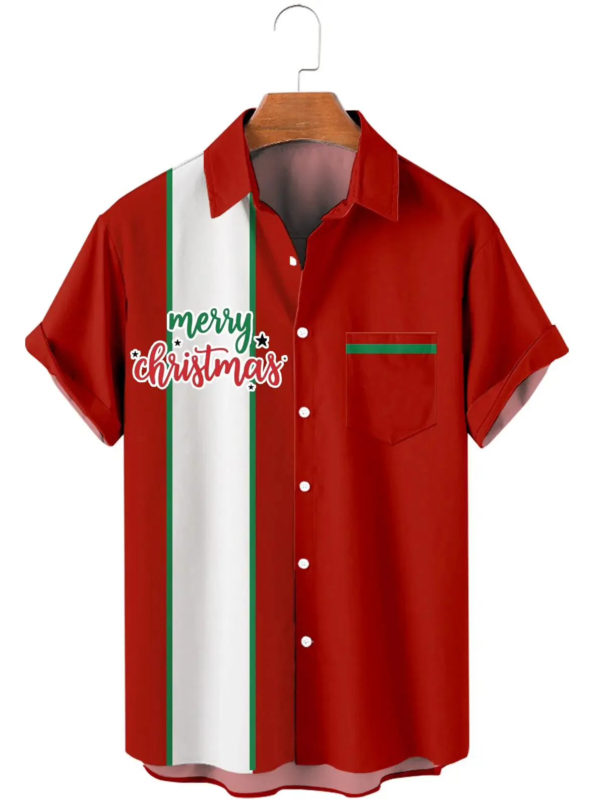 Men's Minimalist Merry Christmas Stripe Short Sleeve Shirt sold by Eleven Oasis