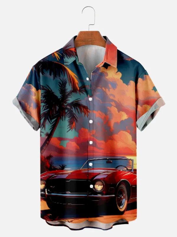 Men's Classic Car on the Beach Palm Tree Short Sleeve Shirt sold by Eleven Oasis