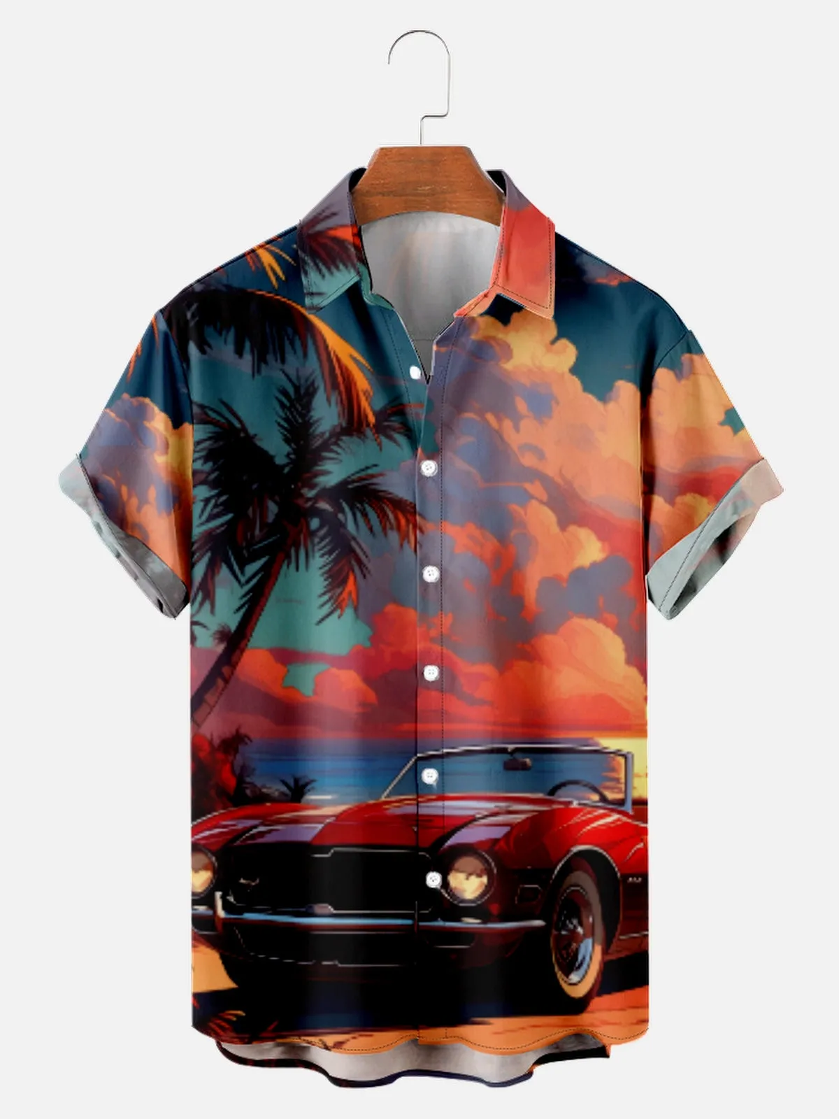 Men's Classic Car on the Beach Palm Tree Short Sleeve Shirt sold by Eleven Oasis