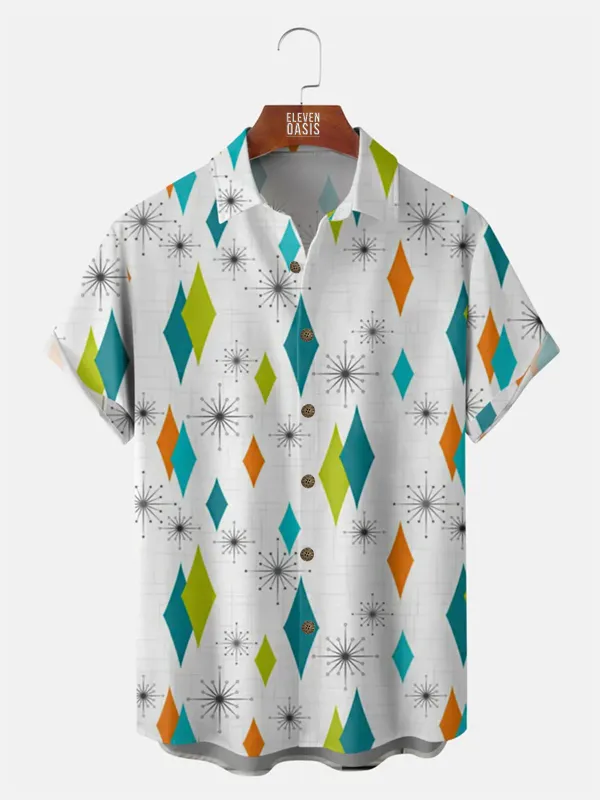 Men's Geometric Atomic Age Diamond Print Short Sleeve Casual Shirt sold by Eleven Oasis