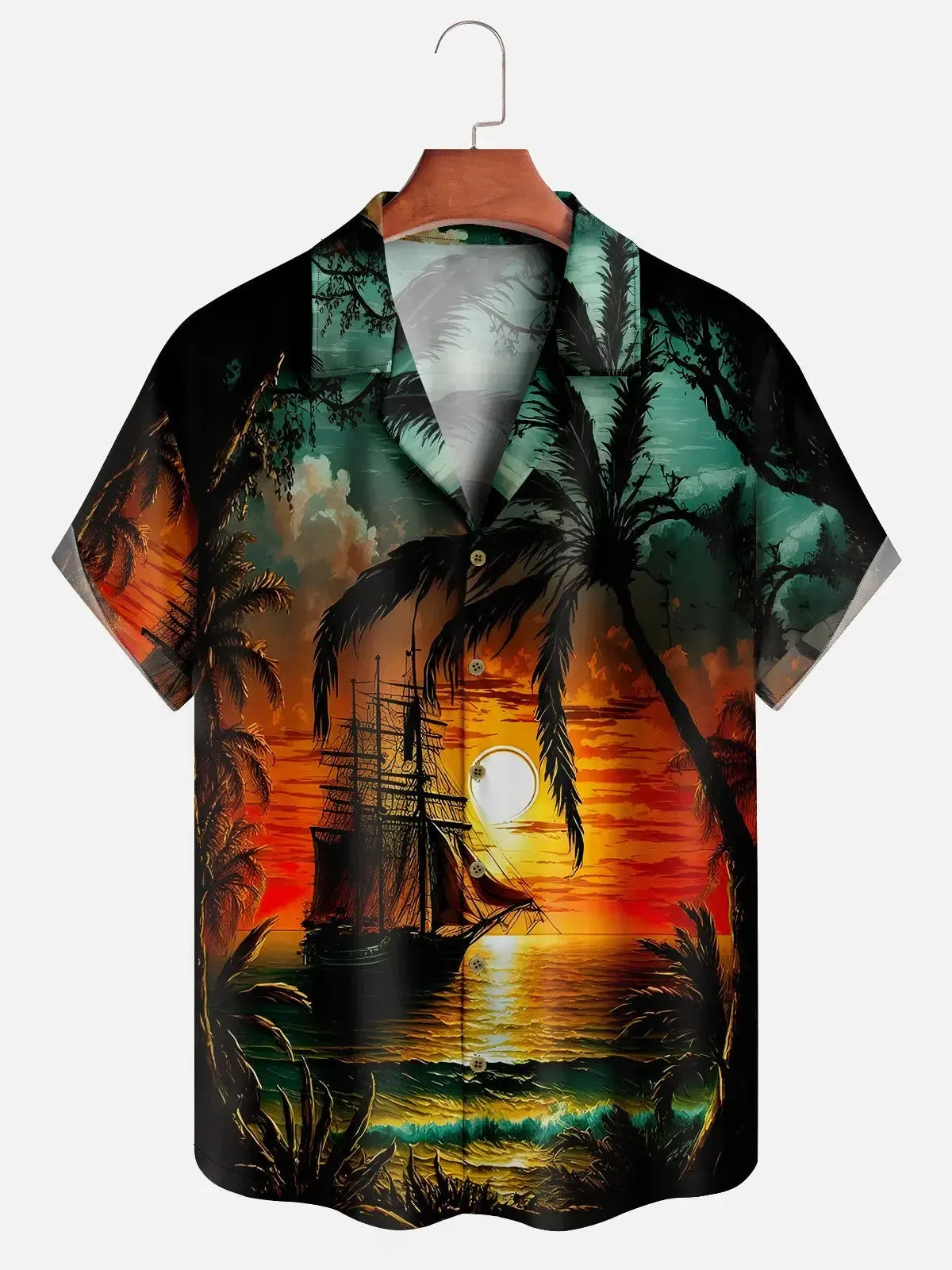 Men's Pirate Ship Sunset Hawaiian Short Sleeve Shirt sold by Eleven Oasis