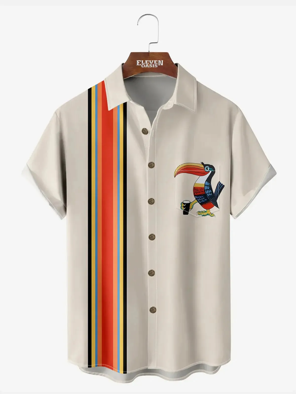 Men's Striped with Toucan with a Beer Short Sleeve Casual Shirt sold by Eleven Oasis