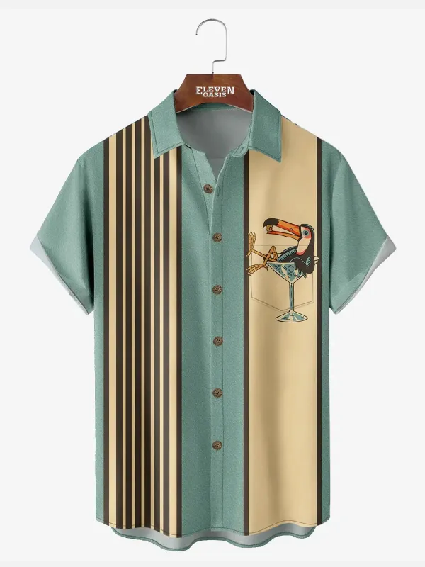 Men's Striped Everyday with Toucan in a Cocktail Glass Short Sleeve Casual Shirt sold by Eleven Oasis