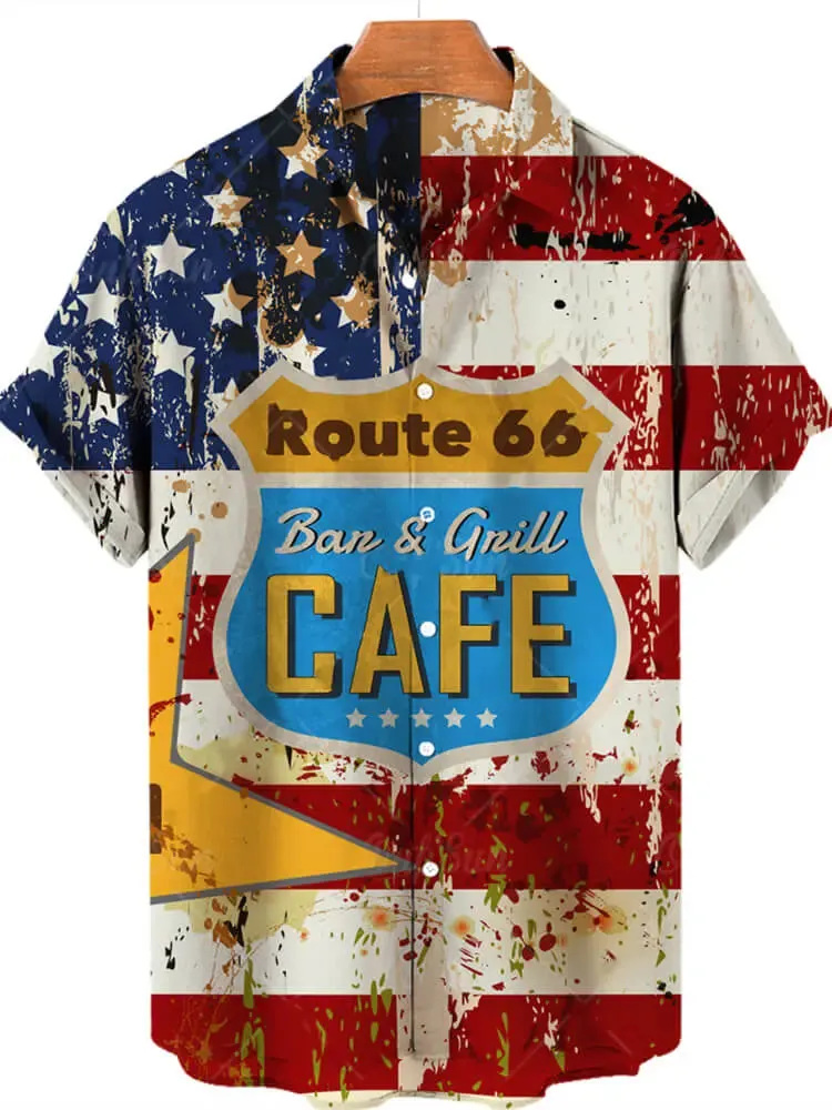 Vintage American Flag Digital Print Hawaiian Men's Short Sleeve Shirt sold by Eleven Oasis