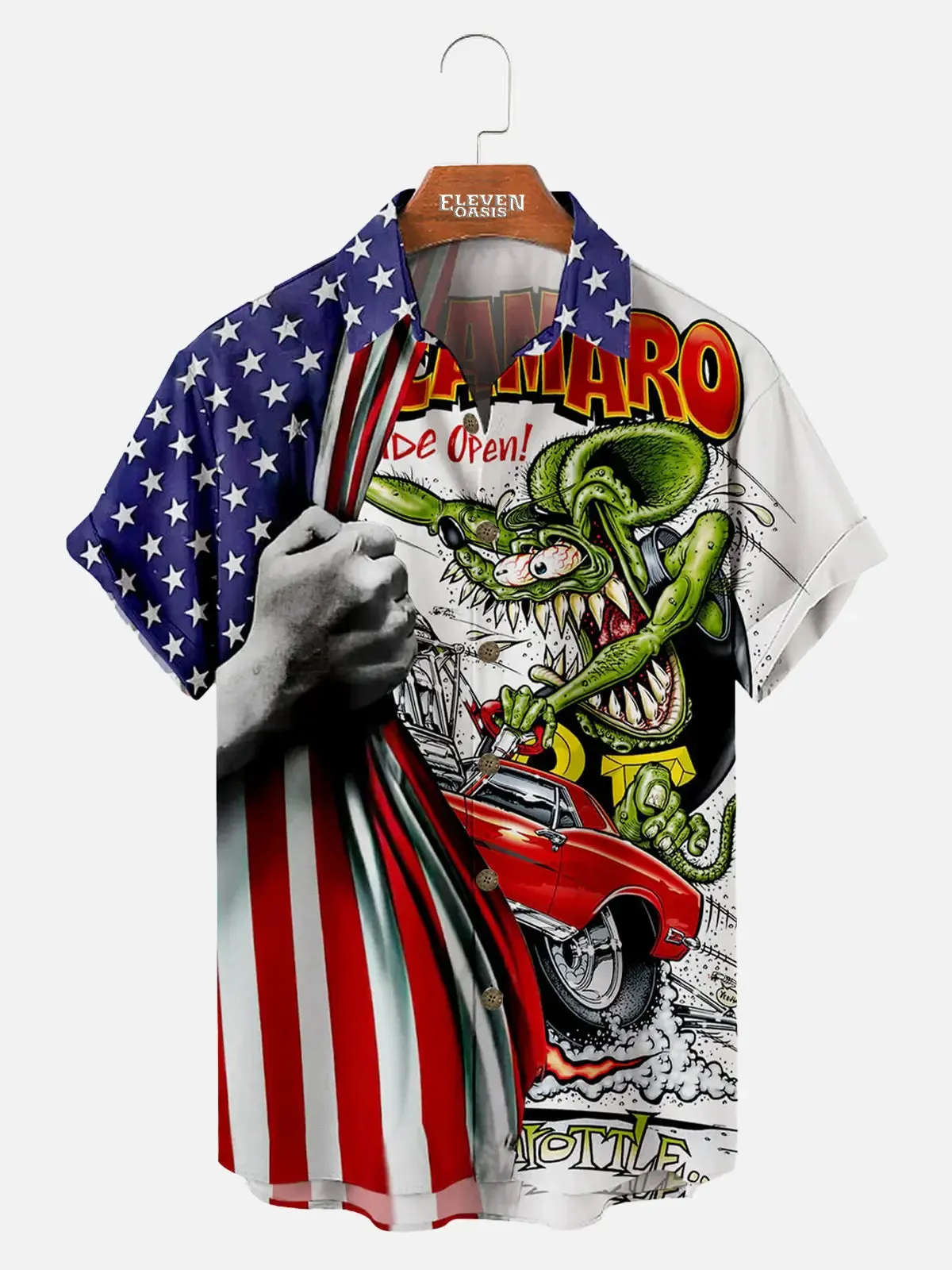 Men's Rat Fink Camaro American Flag Short Sleeve Shirt sold by Eleven Oasis