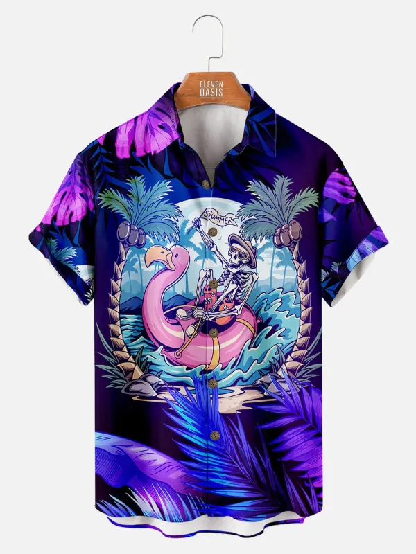 Men's Skeleton Flamingo Paradise Hawaiian Short Sleeve Shirt sold by Eleven Oasis