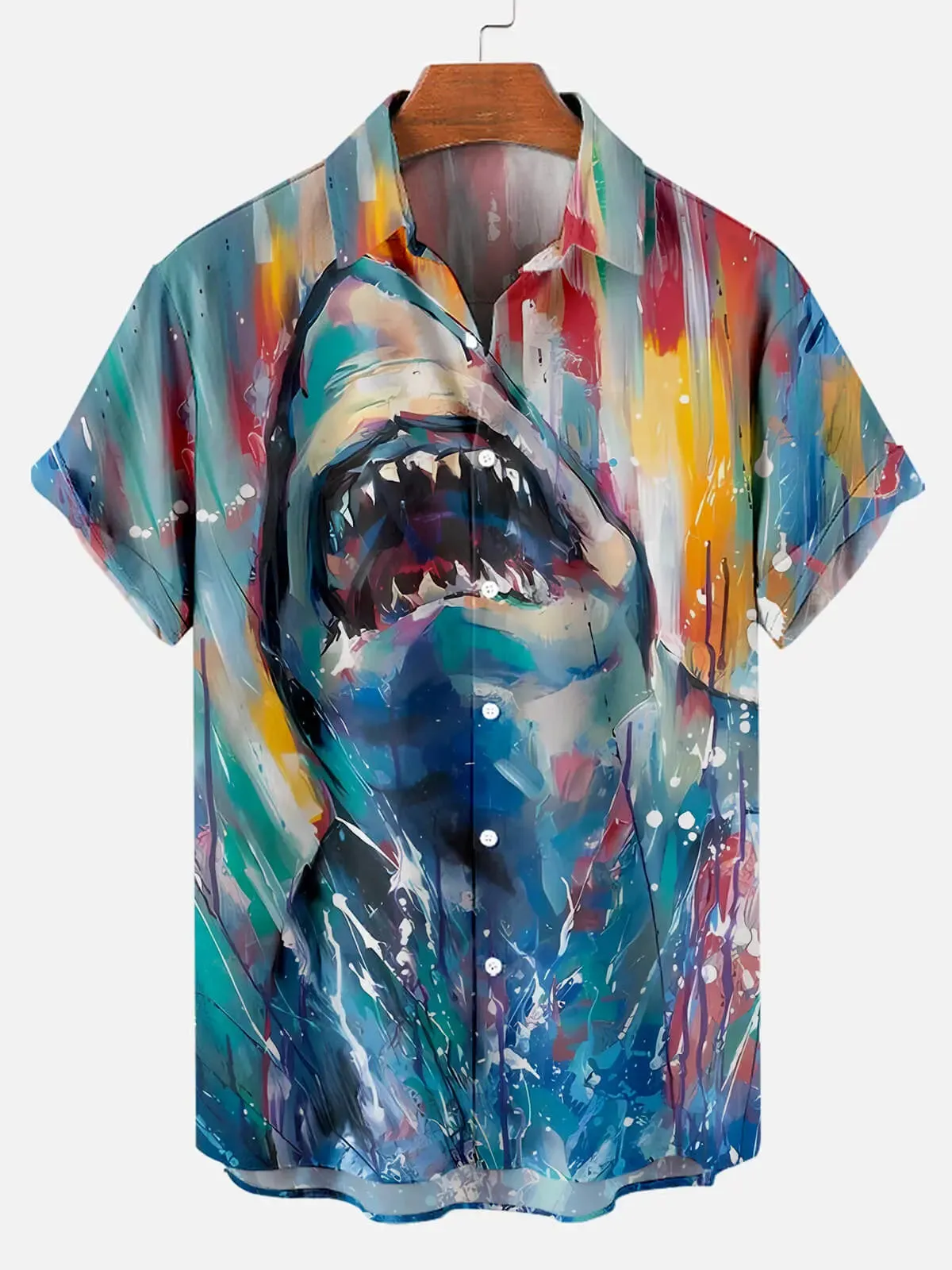 Hawaiian Shark Oil Painting Pattern Men's Short Sleeve Top sold by Eleven Oasis