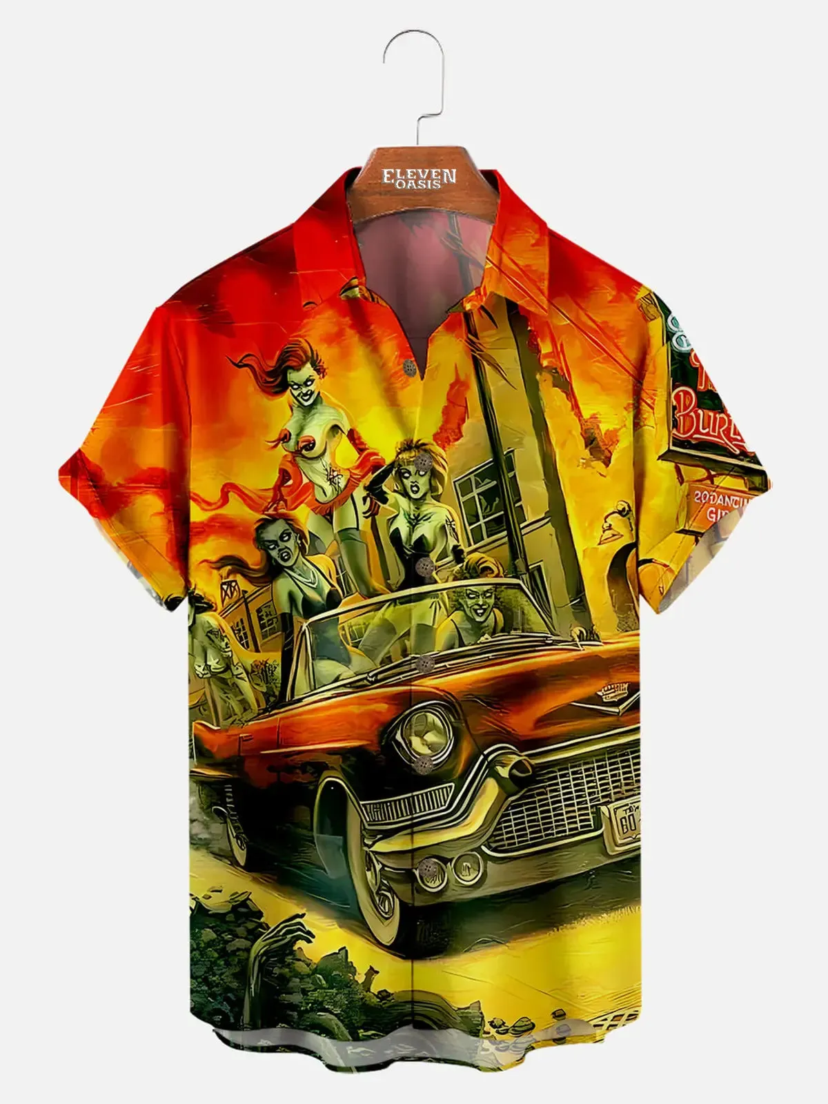 Belle And Car Illustration Print Men's Short Sleeve Shirt sold by Eleven Oasis