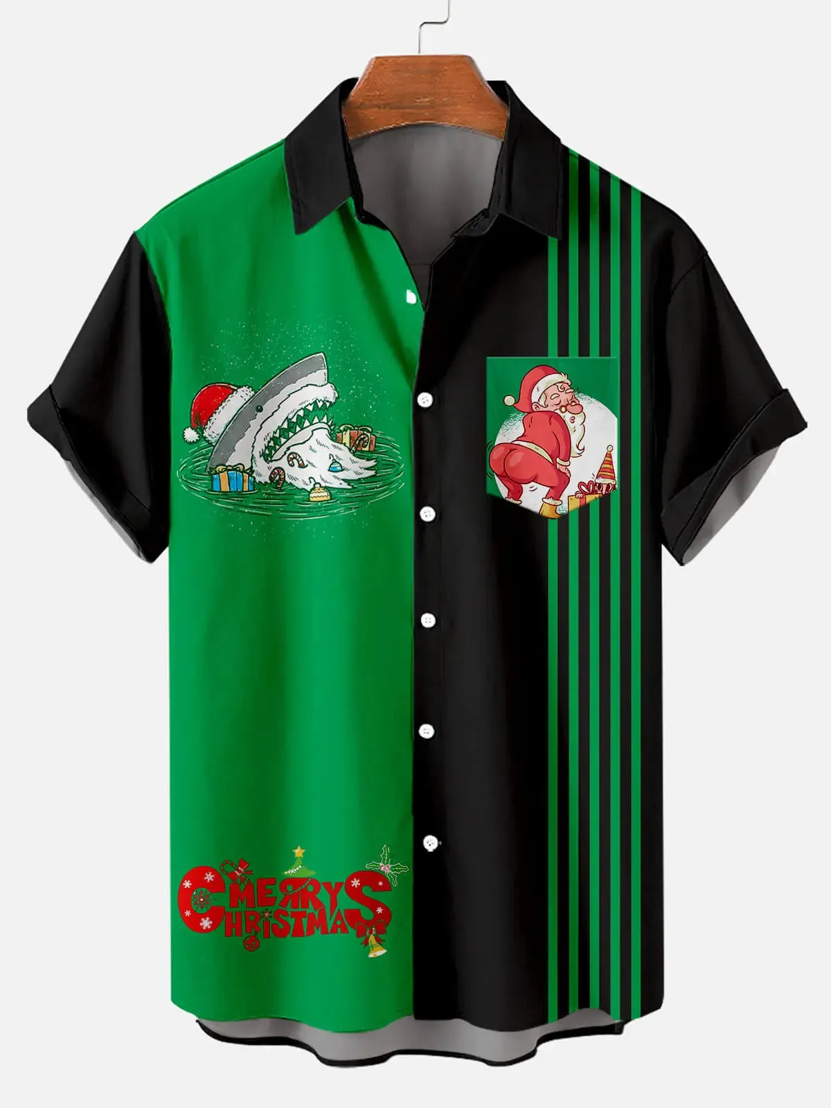Men's Christmas Shark Santa Short Sleeve Shirt sold by Eleven Oasis