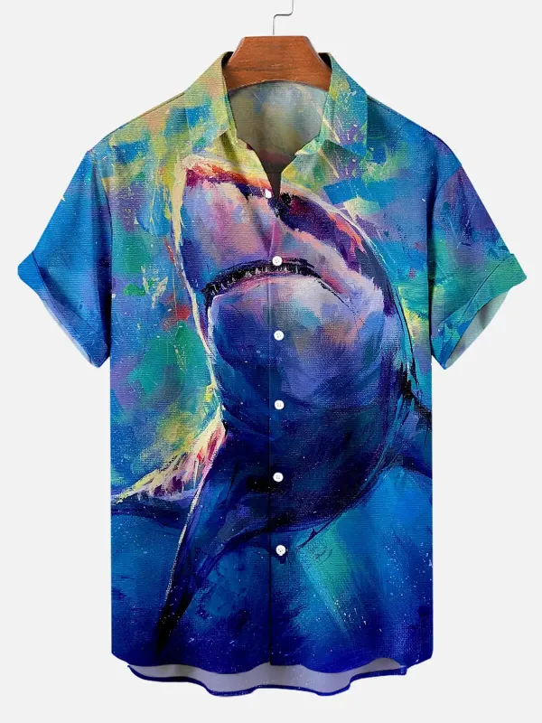 Men's Great White Shark Watercolor Short Sleeve Shirt sold by Eleven Oasis
