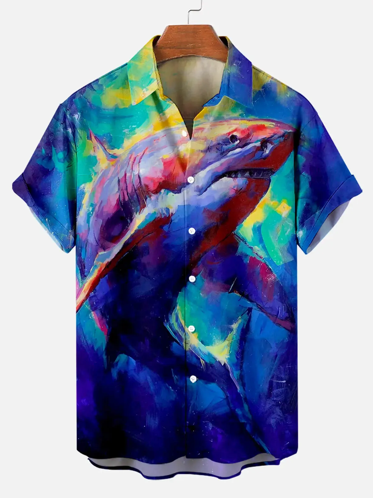 Hawaiian Shark Oil Painting Pattern Men's Short Sleeve Top sold by Eleven Oasis