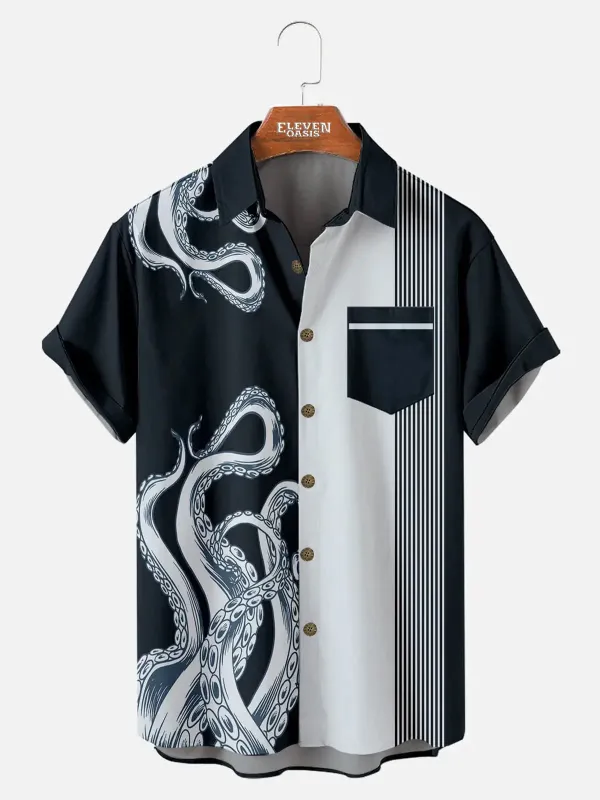Men's Cthulhu Octopus Stripe Pattern Short Sleeve Shirt sold by Eleven Oasis