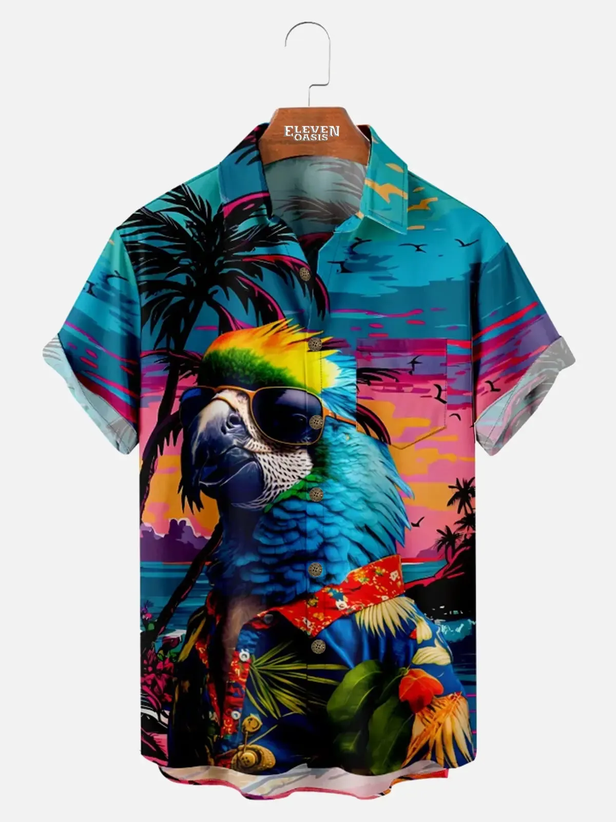 Men's Retro Parrot Palm Beach Vacation Vibes Short Sleeve Shirt sold by Eleven Oasis