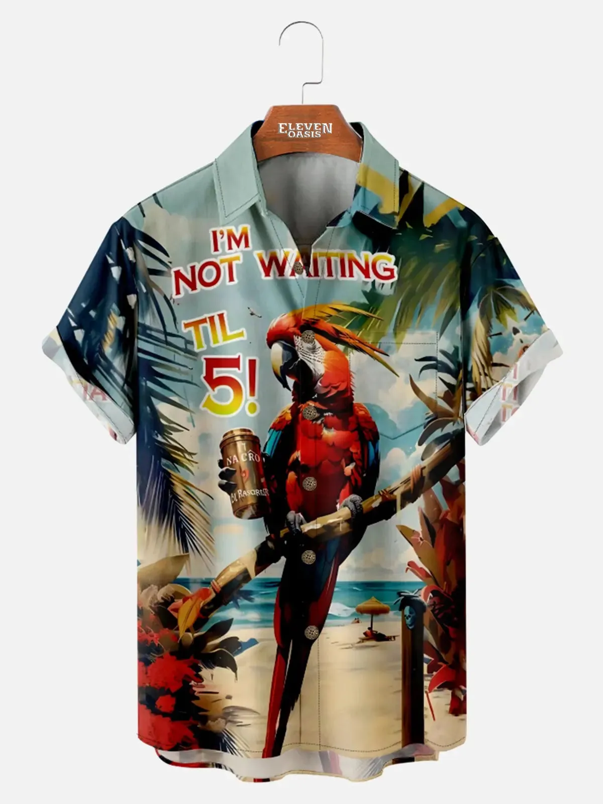 Men's Retro Pearched Parrot Vacation Palm Trees Drink Short Sleeve Shirt sold by Eleven Oasis