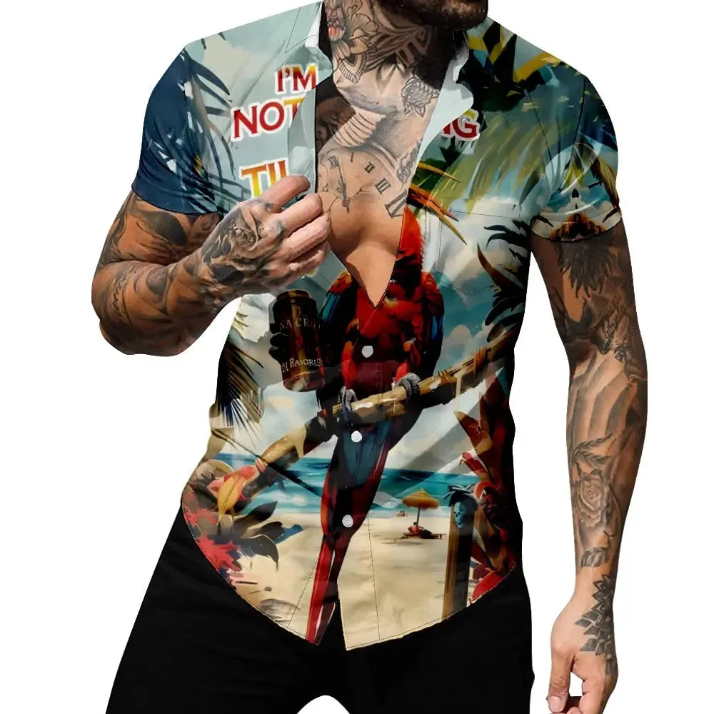 Men's Retro Pearched Parrot Vacation Palm Trees Drink Short Sleeve Shirt sold by Eleven Oasis product image thumbnail 4
