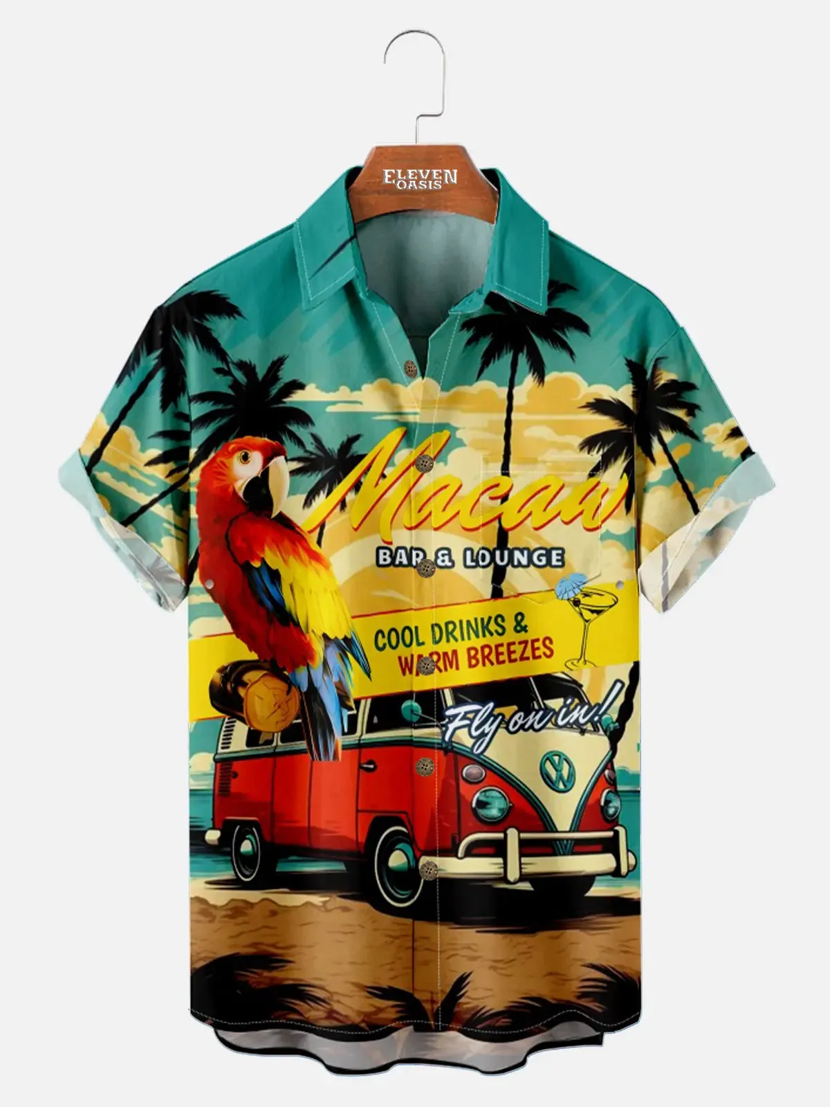 Men's Vintage VW Bus Beach Bar Hawaiian Short Sleeve Shirt sold by Eleven Oasis