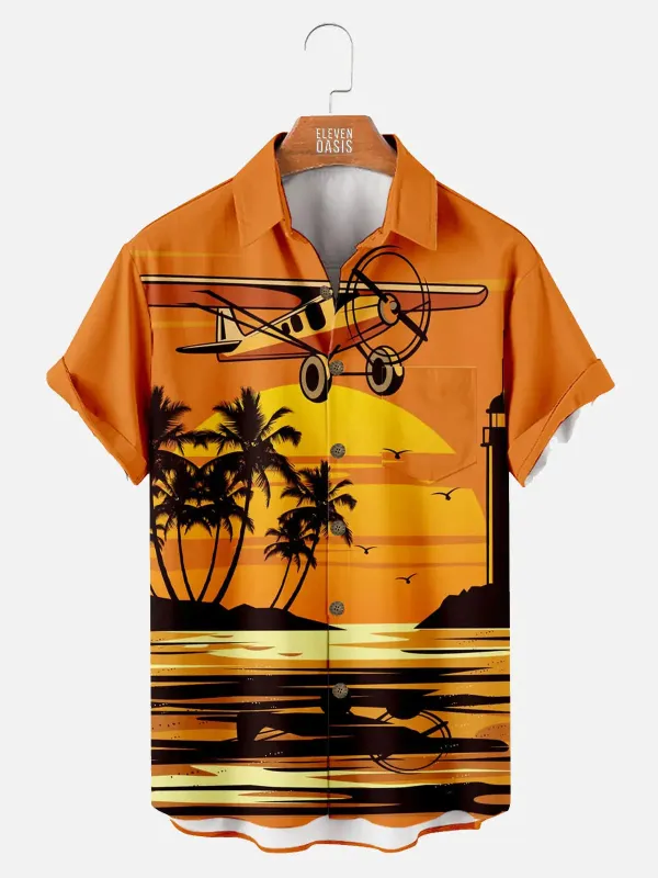 Men's Vintage Aviation Sunset Hawaiian Short Sleeve Shirt sold by Eleven Oasis