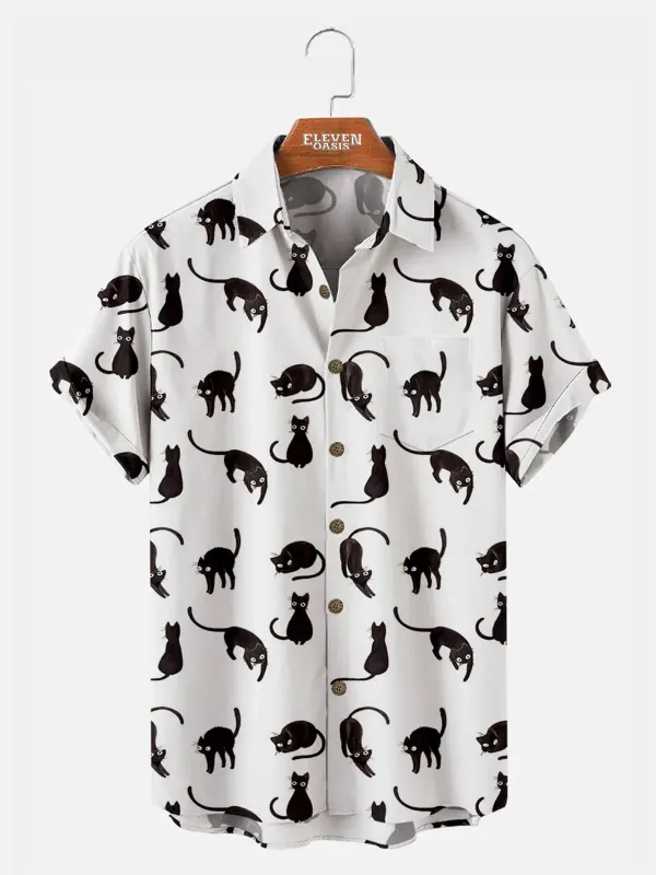 Men's Black Cat Pattern Short Sleeve Shirt sold by Eleven Oasis