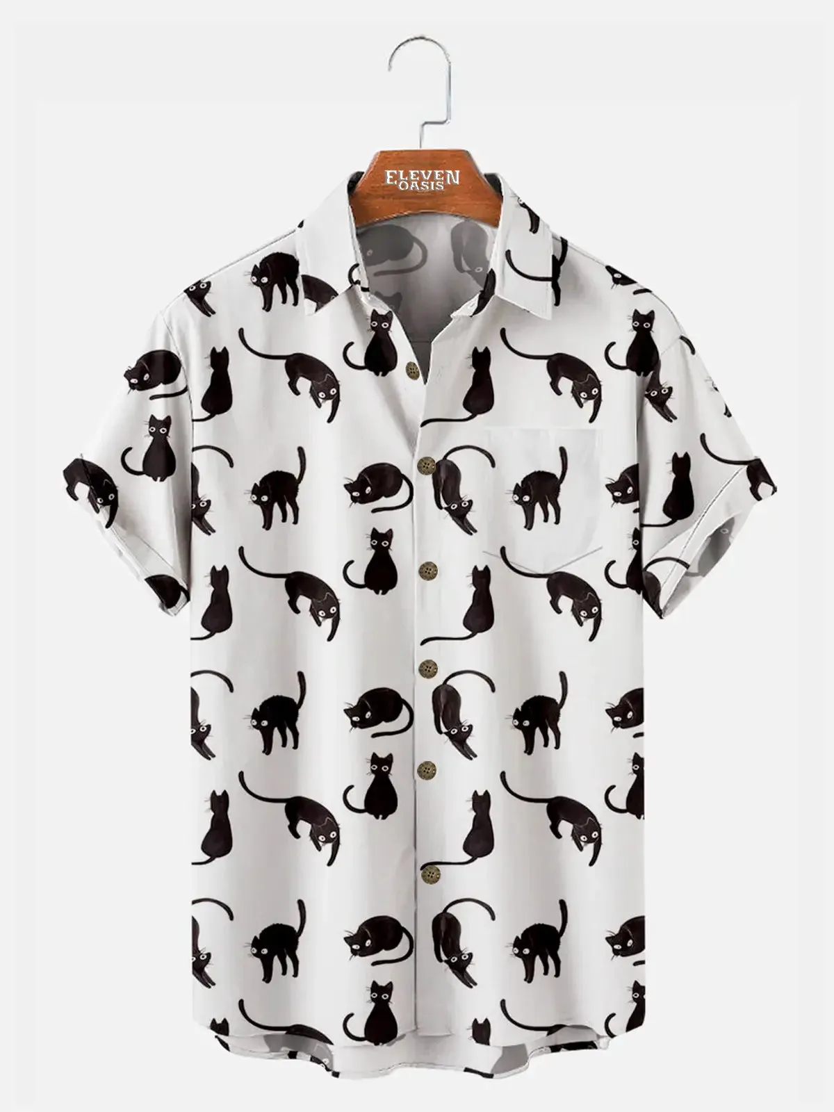 Men's Black Cat Pattern Short Sleeve Shirt sold by Eleven Oasis