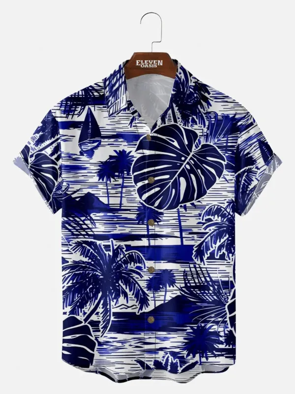 Men's Island Holiday Palm Tree Leaf Print Vacation Short Sleeve Shirt sold by Eleven Oasis