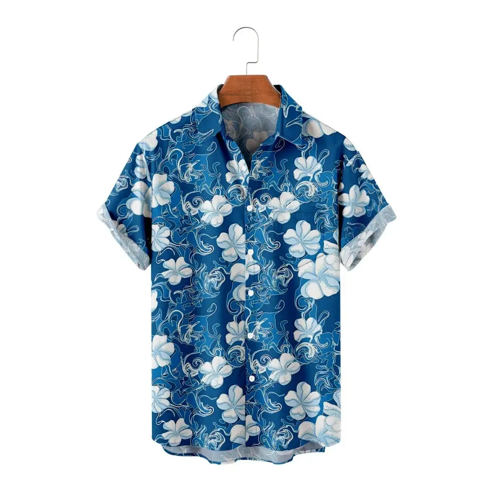 Men's Blue Hibiscus Tiki Short Sleeve Shirt sold by Eleven Oasis