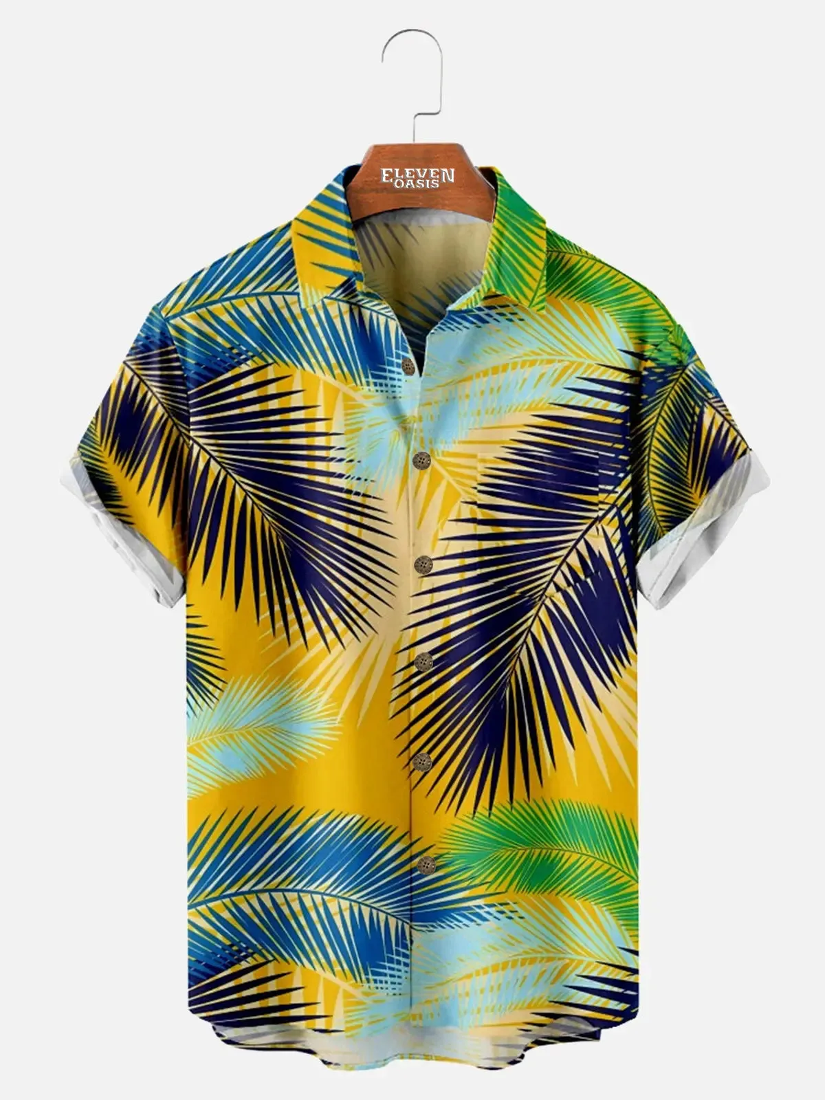 Men's Hawaiian Palm Leaf Print Colorful Casual Short Sleeve Shirt sold by Eleven Oasis