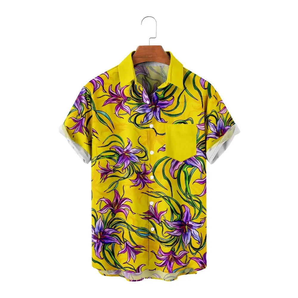 Men's Hand-Drawn Purple Lily Hawaiian Short Sleeve Shirt sold by Eleven Oasis