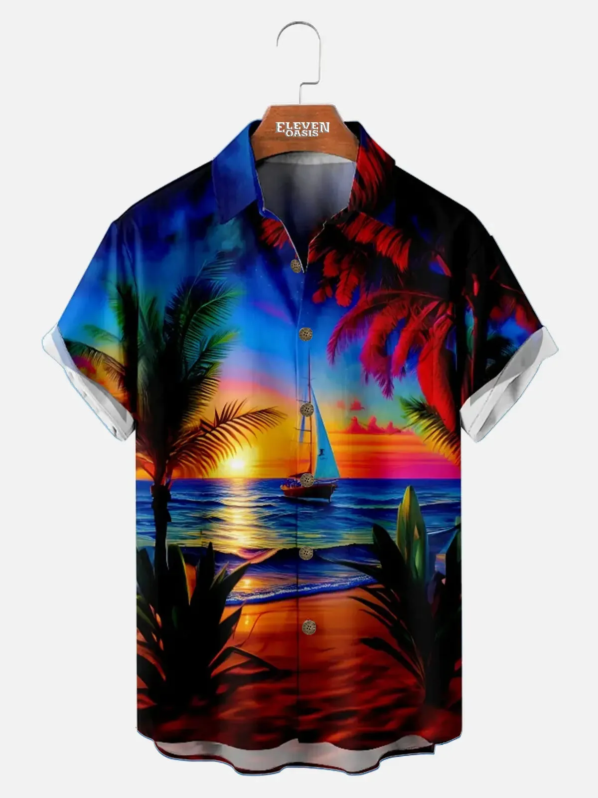 Men's Vibrant Sunset Beach Ocean Sand Vacation Short Sleeve Shirt sold by Eleven Oasis